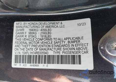 2024 Honda Civic Exl from USA, damaged, VIN 19XFL1H74RE005943